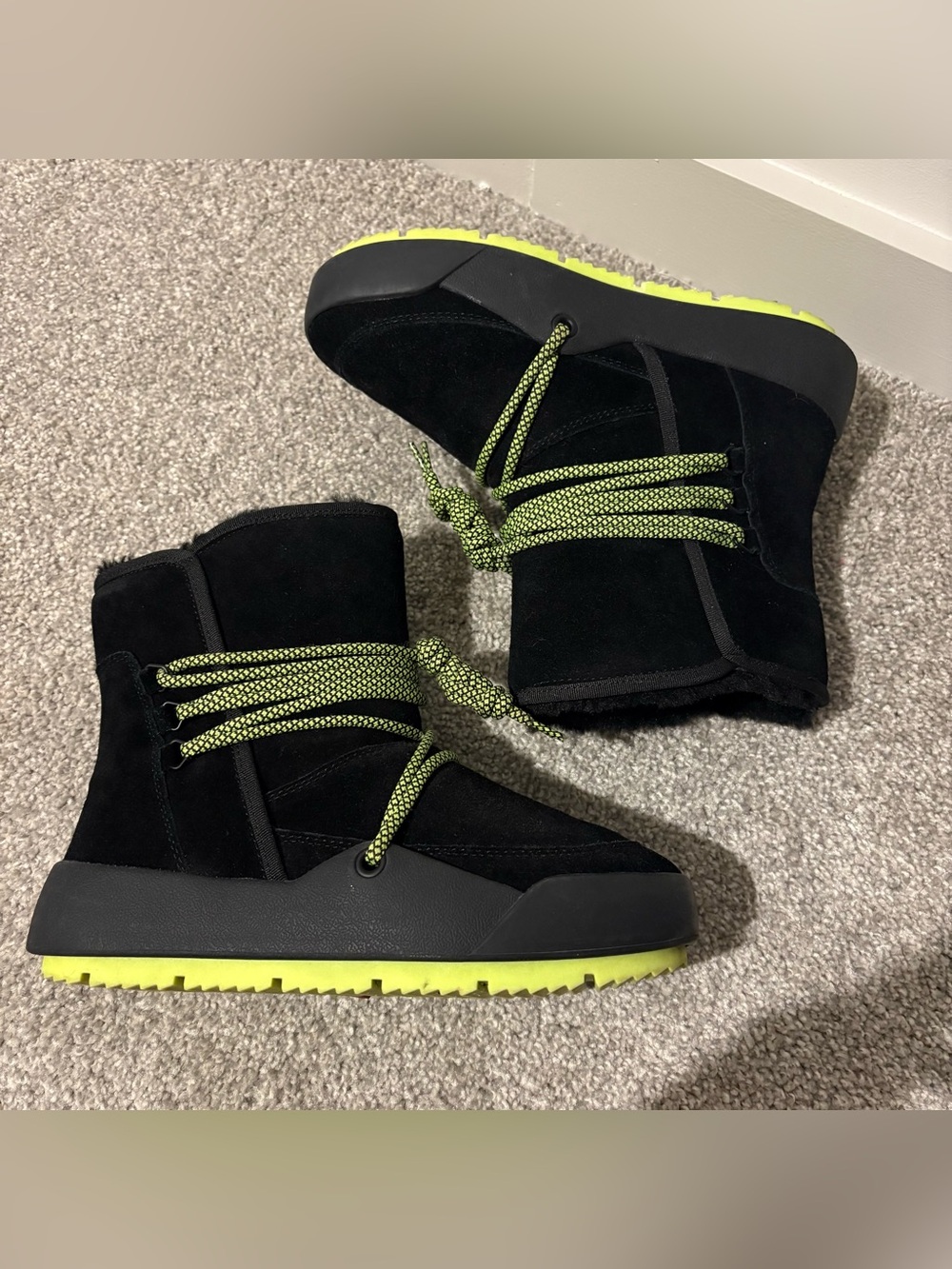 BareTraps Black Suede Winter Boot with Neon Green Accents